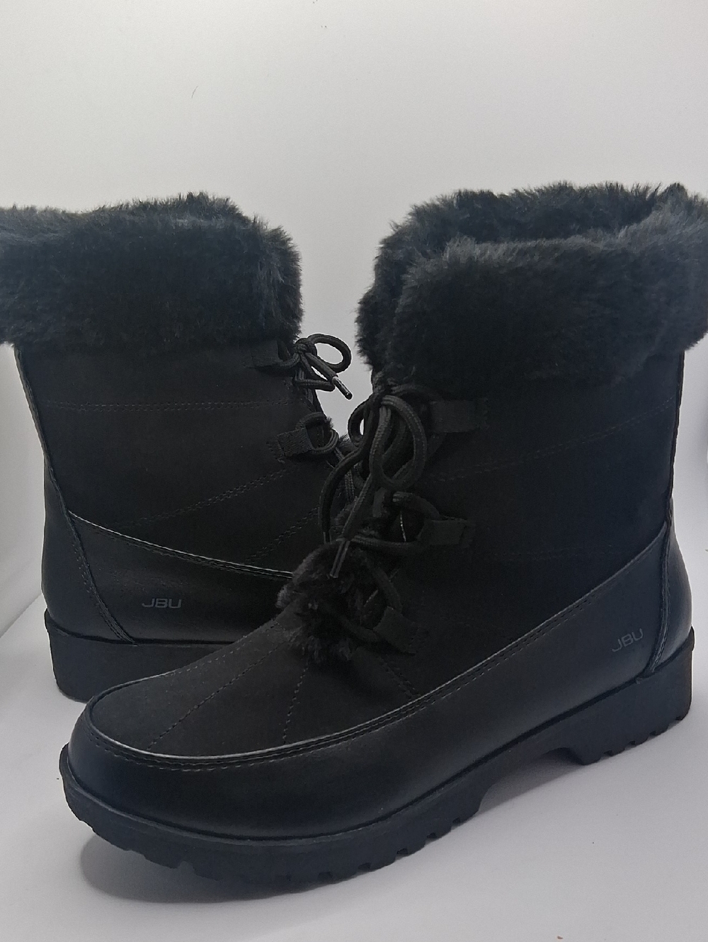 JBU Women's Black Faux-Fur Lace-Up Insulated Water Resistant Combat Booties Nwot